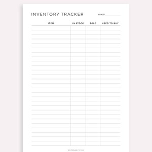 K&ouml;nnte beinhalten: Ein druckbarer Inventar-Tracker mit Spalten f&uuml;r Artikel, auf Lager, verkauft und zu kaufen. Der Tracker ist f&uuml;r die Verwendung mit Stift oder Bleistift konzipiert.