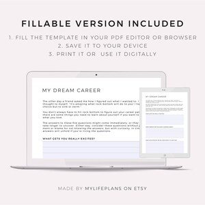May include: A printable worksheet with the title "My Dream Career" on a laptop screen. The worksheet includes prompts to help you figure out your dream career, such as "What gets you really excited?" and "What subjects do you enjoy learning about?"