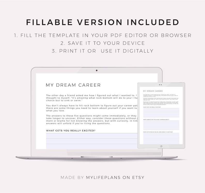 May include: A printable worksheet with the title "My Dream Career" on a laptop screen. The worksheet includes prompts to help you figure out your dream career, such as "What gets you really excited?" and "What subjects do you enjoy learning about?"