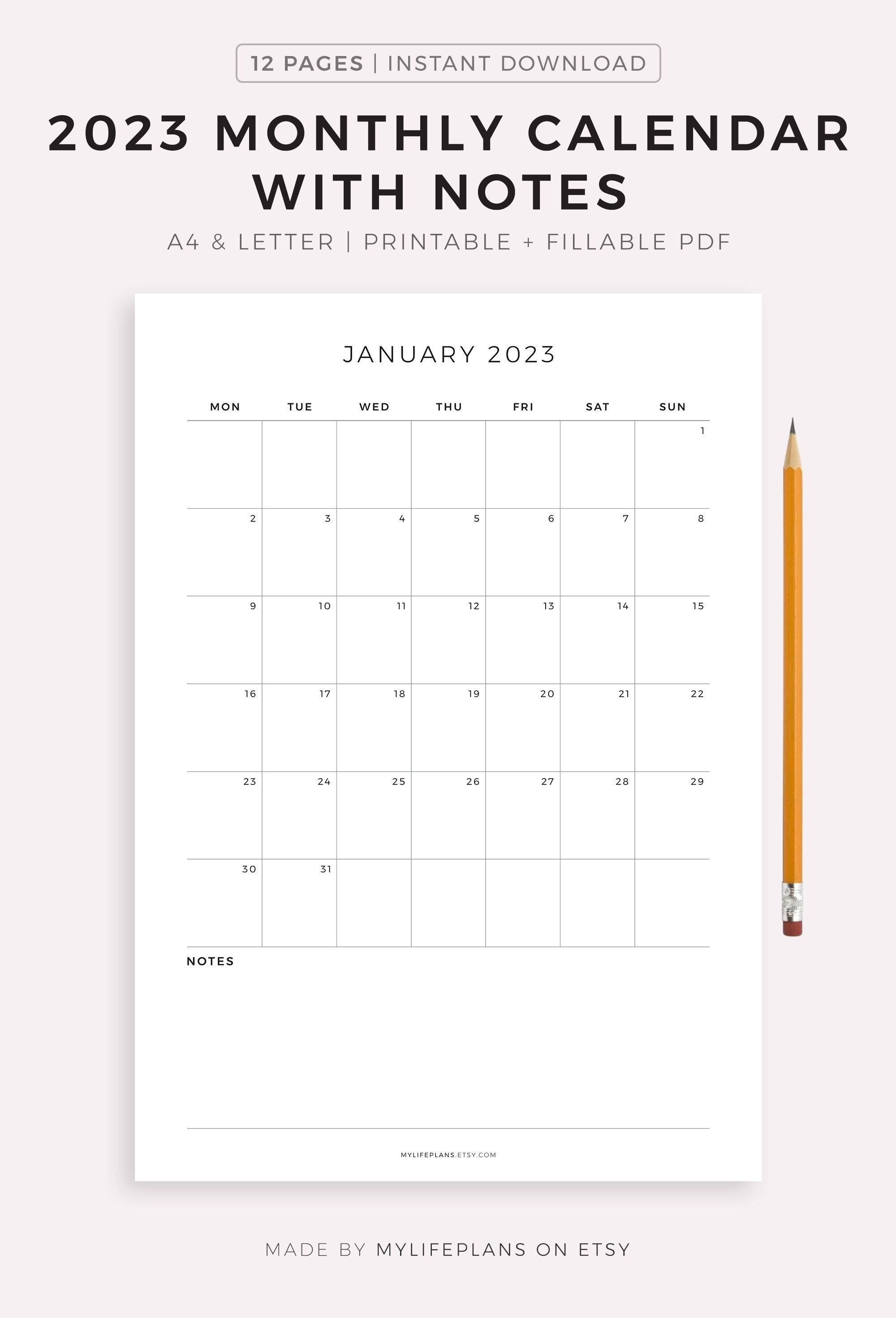 Buy 2023 Monthly Calendar With Notes Printable Calendar Template Online In  India - Etsy