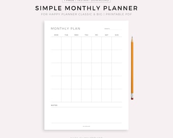 Simple Monthly Planner for Happy Planner Classic & Big, Printable PDF, Instant Download