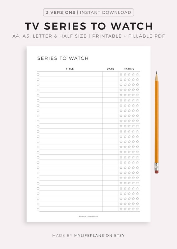 TV Series to Watch List Printable, TV Show List, Season and Episode Tracker  Template, A4/a5/letter/half Size, Instant Download PDF 
