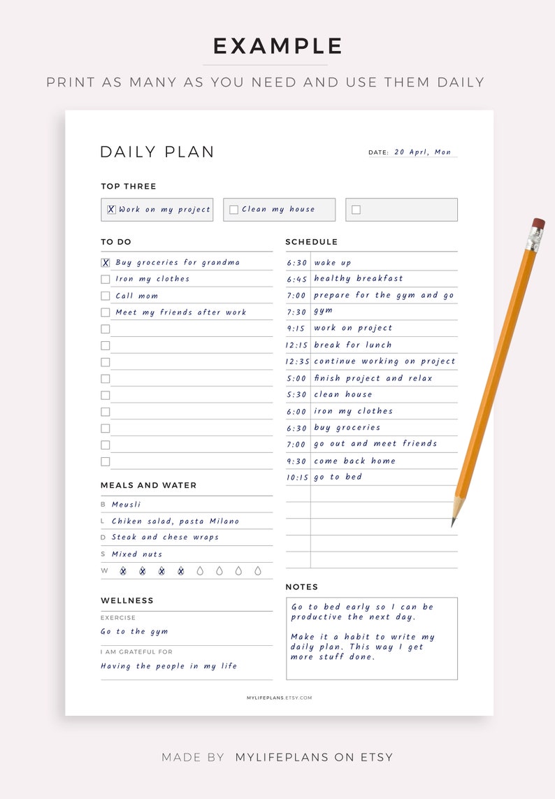 May include: A printable daily planner with a black and white design. The planner includes sections for top three priorities, to do list, schedule, meals and water, wellness, and notes. The planner is dated April 20th, Monday.