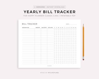 Yearly Bill Tracker, Landscape, Printable for Happy Planner Classic & Big, Instant Download PDF
