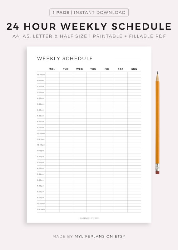 24 Hour Weekly Schedule, Week at a Glance, Weekly Agenda, Weekly Planner  Printable PDF, Weekly to Do List, A5/a4/letter/half Letter 