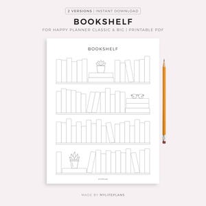 Pode incluir: Uma página de planejador PDF imprimível com um design de estante. O design inclui quatro prateleiras cheias de livros, uma pequena planta e um par de óculos. Um lápis amarelo está posicionado à direita da página. O texto "BOOKSHELF" está no topo.