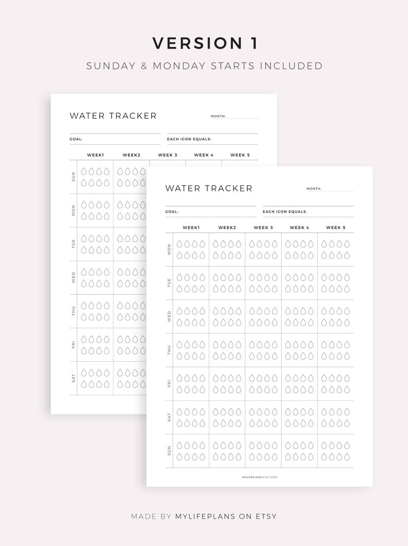 May include: Two printable water tracker pages with a black and white design. Each page has a section for the month, goal, and each icon equals. The tracker is divided into seven days of the week and five weeks. Each day has a grid of water drops to track water intake.