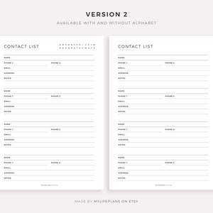 May include: A printable contact list template with two columns, each with space for five contacts. Each contact section includes fields for name, phone number, email address, address, and notes. The template is labelled "Contact List" and includes the text "Version 2" and "Available with and without alphabet".