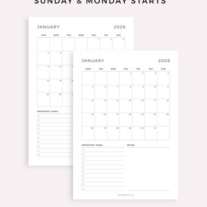 May include: Two minimalist white 2026 January calendars with Sunday and Monday start dates. Each calendar has a grid layout with dates, and space for important tasks and notes. The text "SUNDAY & MONDAY STARTS" is at the top.