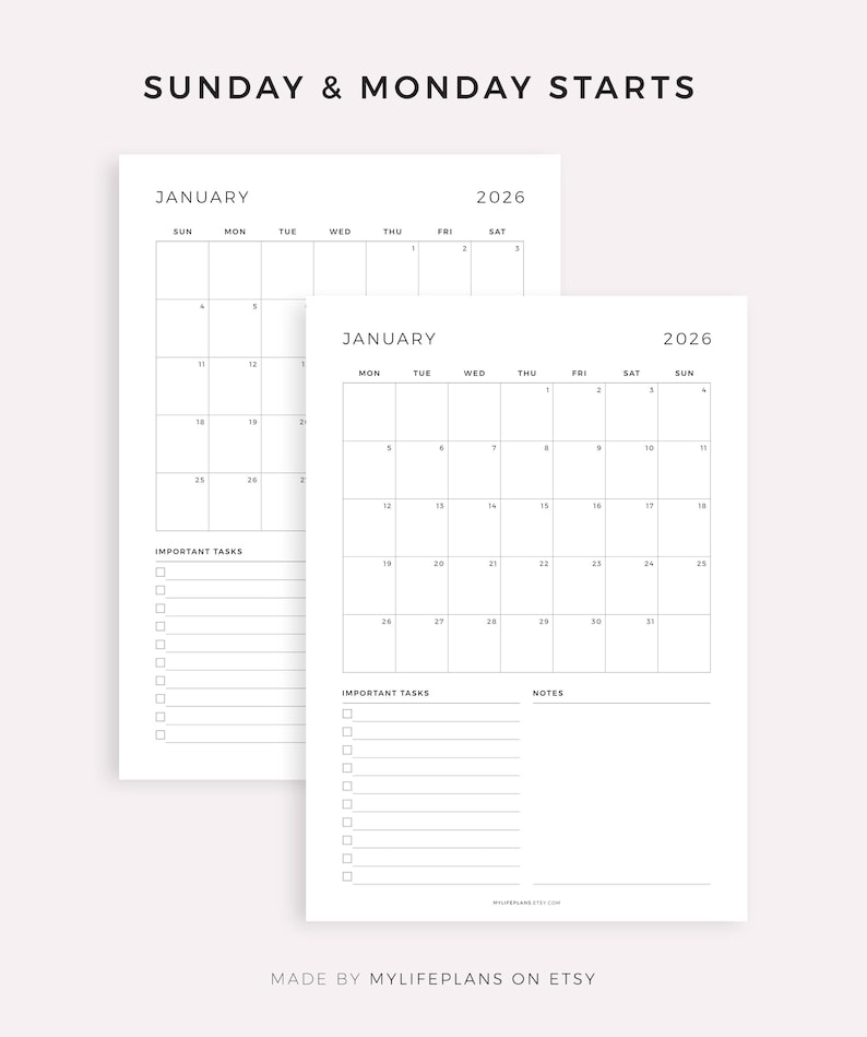 May include: Two minimalist white 2026 January calendars with Sunday and Monday start dates. Each calendar has a grid layout with dates, and space for important tasks and notes. The text "SUNDAY & MONDAY STARTS" is at the top.
