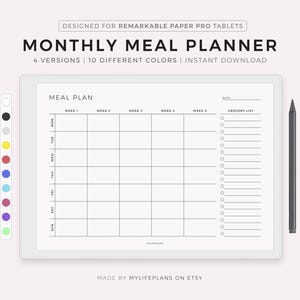 Planificateur de repas mensuel pour papier remarquable Pro, paysage, planificateur de menus 30 jours, planificateur de nourriture, téléchargement immédiat