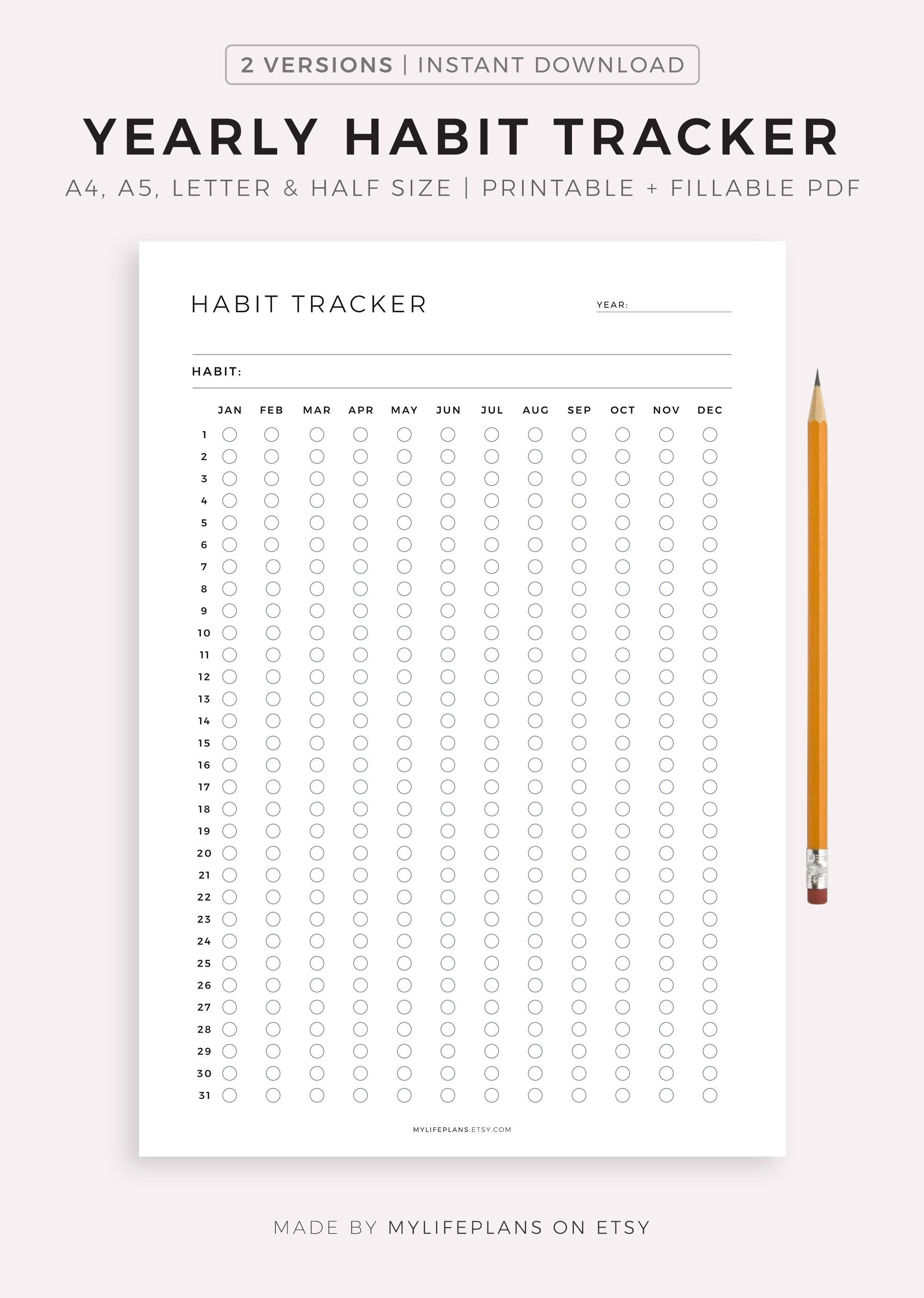 Yearly habit tracker printable fillable routine tracker etsy