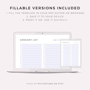 May include: A digital grocery list template displayed on a laptop and tablet. The template has two columns with checkboxes and lines for writing items. The text "GROCERY LIST" and "DATE" are at the top of the template.