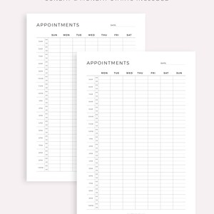 May include: Two printable daily appointment planner pages with a black and white grid layout. The first page has a date field and columns for Sunday through Saturday. The second page has a date field and columns for Monday through Sunday.