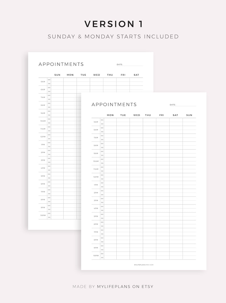 May include: Two printable daily appointment planner pages with a black and white grid layout. The first page has a date field and columns for Sunday through Saturday. The second page has a date field and columns for Monday through Sunday.