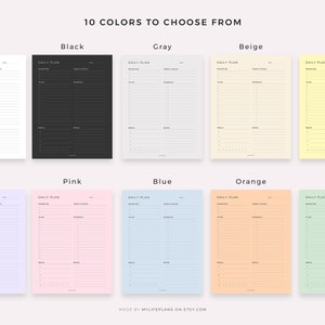 May include: Ten different color options for a daily planner template. The planner is divided into two columns, one for "Morning" and one for "To Do". The planner has lines for writing and a section for "Notes".