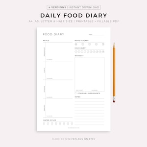 毎日の食事日記（印刷可能）、食事記録、ビタミン摂取量、水分摂取量、トレーニングプラン、フィットネスと健康、A4/A5/レター/ハーフサイズ