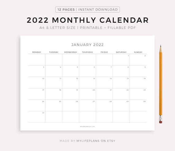 2022 monthly calendar landscape printable calendar template etsy australia