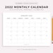 2022 Monthly Calendar Landscape, Printable Calendar Template, Minimalist Calendar, Year Calendar, Monday/Sunday Start, A4/Letter 