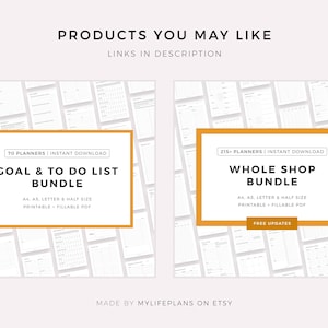 May include: Two digital planner bundles are displayed on a light pink background. The "Goal & To Do List Bundle" includes 70 planners, and the "Whole Shop Bundle" includes 215+ planners. Both are A4, A5, letter, and half-size printable and fillable PDFs.