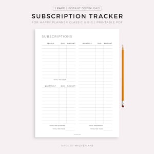 Puede incluir: Un rastreador de suscripciones imprimible en blanco con columnas para suscripciones anuales, trimestrales y mensuales. El rastreador incluye secciones para las fechas de vencimiento y los importes. Un lápiz amarillo descansa en el lado derecho de la página. El texto en la página dice "Subscription Tracker".