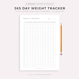 365 Day Weight Tracker Printable & Fillable, Daily Weight Journal, Weight Loss Tracker, Weight Log, A4/A5/Letter/Half Size, Instant Download