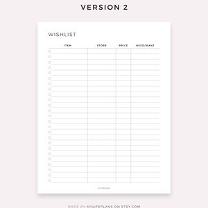 May include: A printable wishlist template with columns for item, store, price, and need/want. The template has 25 rows for listing items.