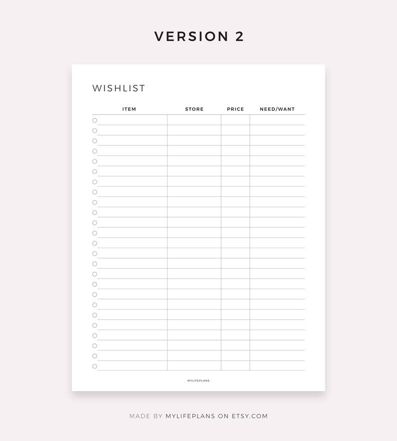 May include: A printable wishlist template with columns for item, store, price, and need/want. The template has 25 rows for listing items.