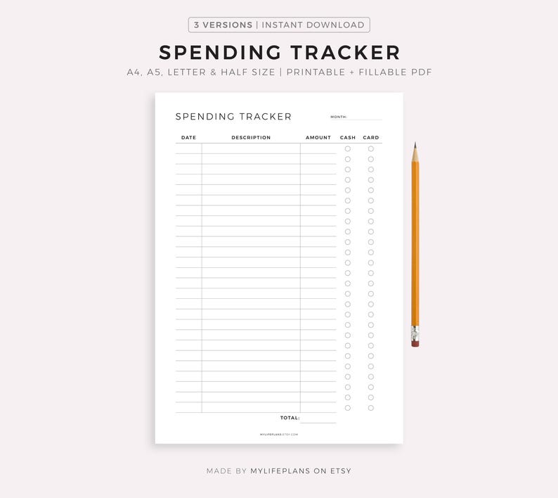 Printable Spending Tracker, Expense Tracker, Monthly Transactions Log, Spending Overview, A4/A5/Letter/Half Size, Instant Download PDF image 1