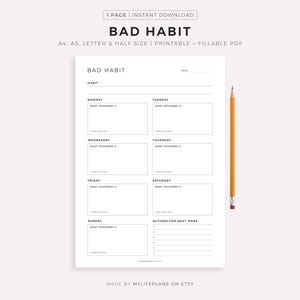 Bad Habit Tracker, Habit Analyzer, Habit Loop, Habit Patterns, A4/A5/Letter/Half Size, Printable & Fillable PDF, Instant Download