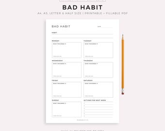 Bad Habit Tracker, Habit Analyzer, Habit Loop, Habit Patterns, A4/A5/Letter/Half Size, Printable & Fillable PDF, Instant Download