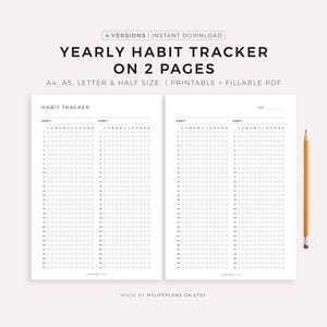 Könnte beinhalten: Ein druckbarer jährlicher Gewohnheitstracker auf zwei Seiten. Das Design enthält ein Raster zur Verfolgung von Gewohnheiten mit dem Text "YEARLY HABIT TRACKER ON 2 PAGES". Erhältlich in A4, A5, Letter & Half Size. Ein gelber Bleistift befindet sich auf der rechten Seite.