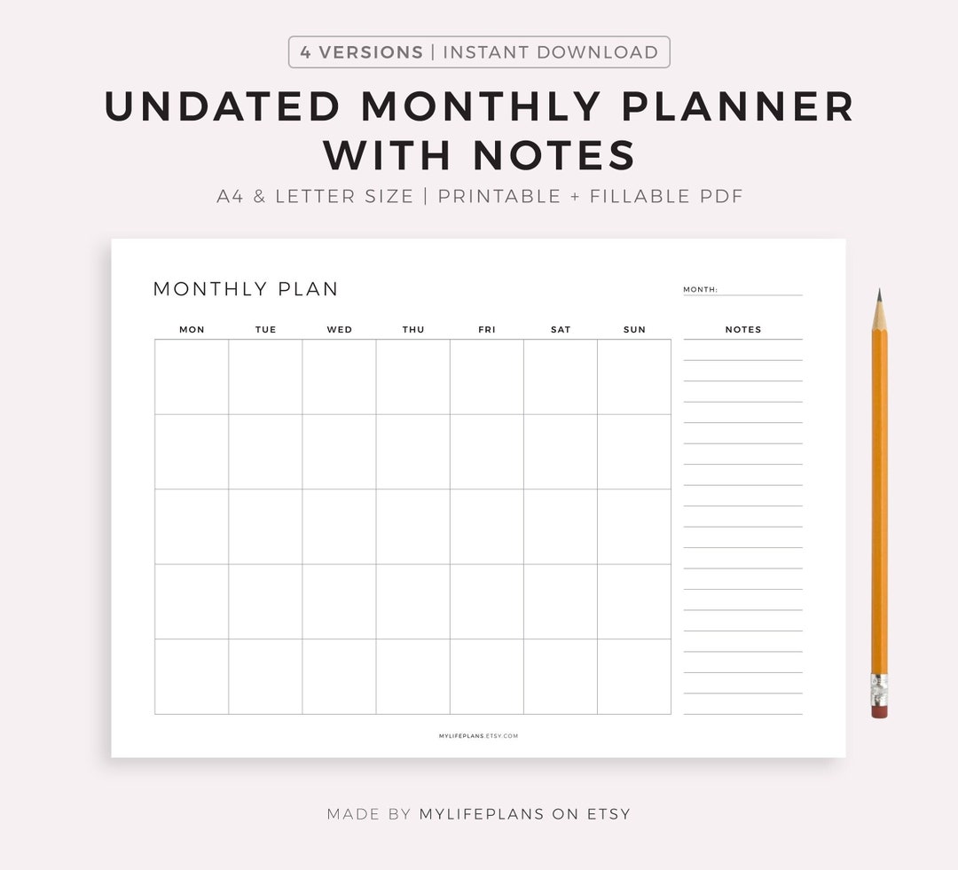 Undated Monthly Planner With Notes, Monthly Organizer, Month at a ...