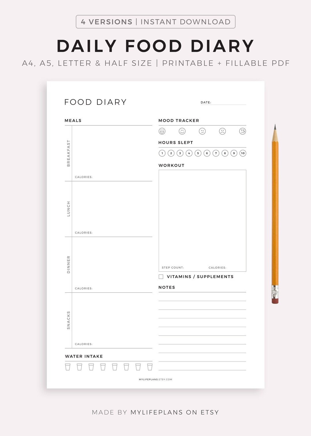 Daily Food Diary Printable Food Journal Vitamin Intake Water Intake 