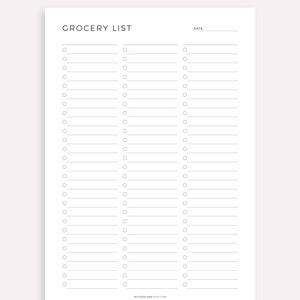 May include: A printable grocery list template with a simple design. The list has three columns with checkboxes and blank lines for writing items. The text "Grocery List" and "Date" are at the top of the page.