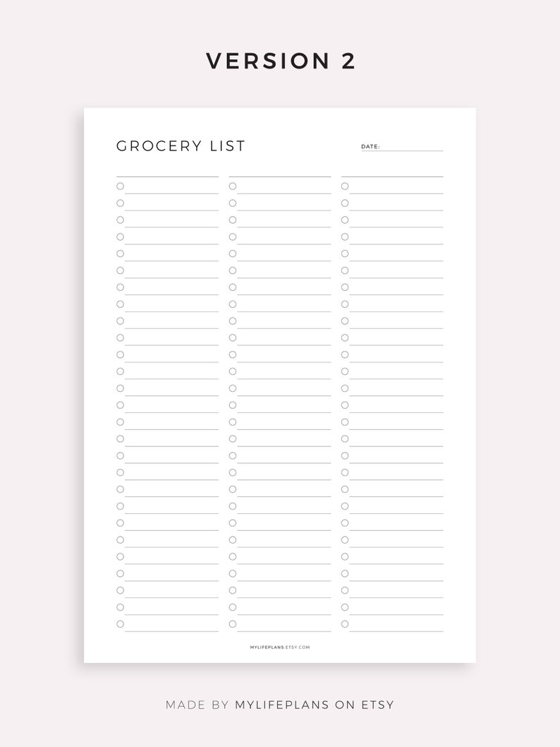 May include: A printable grocery list template with a simple design. The list has three columns with checkboxes and blank lines for writing items. The text "Grocery List" and "Date" are at the top of the page.