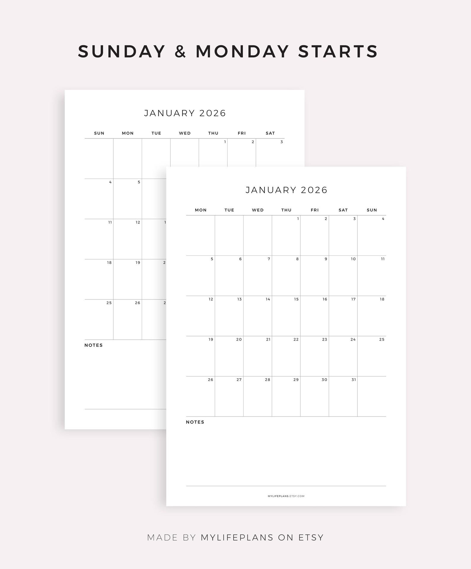 2026 Monthly Calendar With Notes, Printable Calendar Template ...