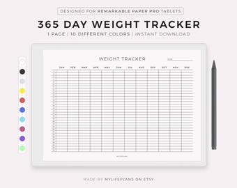 365 Day Weight Tracker for Remarkable Paper Pro, Landscape, Instant Download