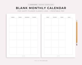 Könnte beinhalten: Ein druckbarer leerer Monatskalender mit Rasterlayout, entworfen für Happy Planner Classic und Big Größen. Der Kalender ist im PDF-Format und verfügt über Abschnitte für jeden Wochentag mit einem Notizenbereich. Ein gelber Bleistift befindet sich auf der rechten Seite.