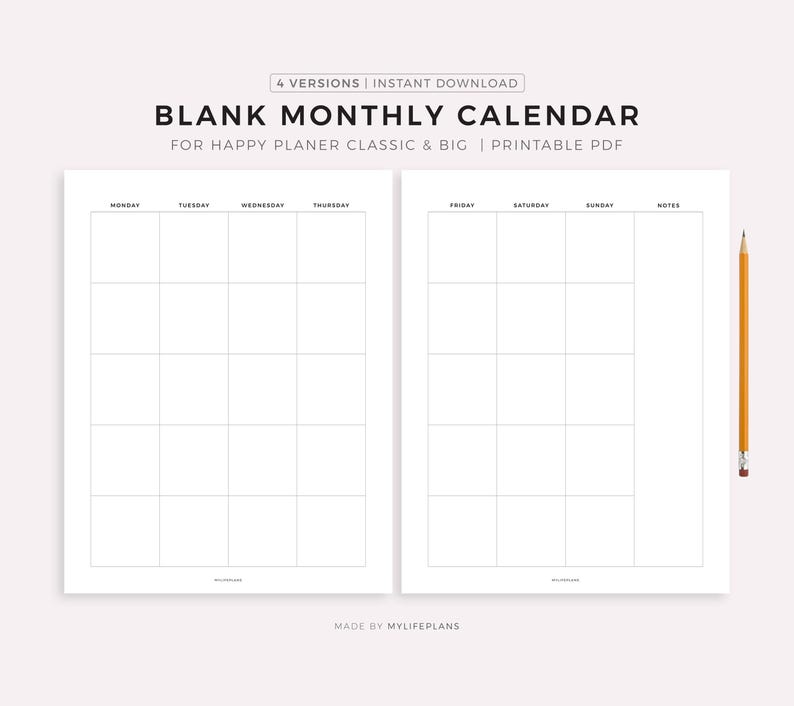 2 Page Blank Monthly Calendar for Happy Planner Classic & Big