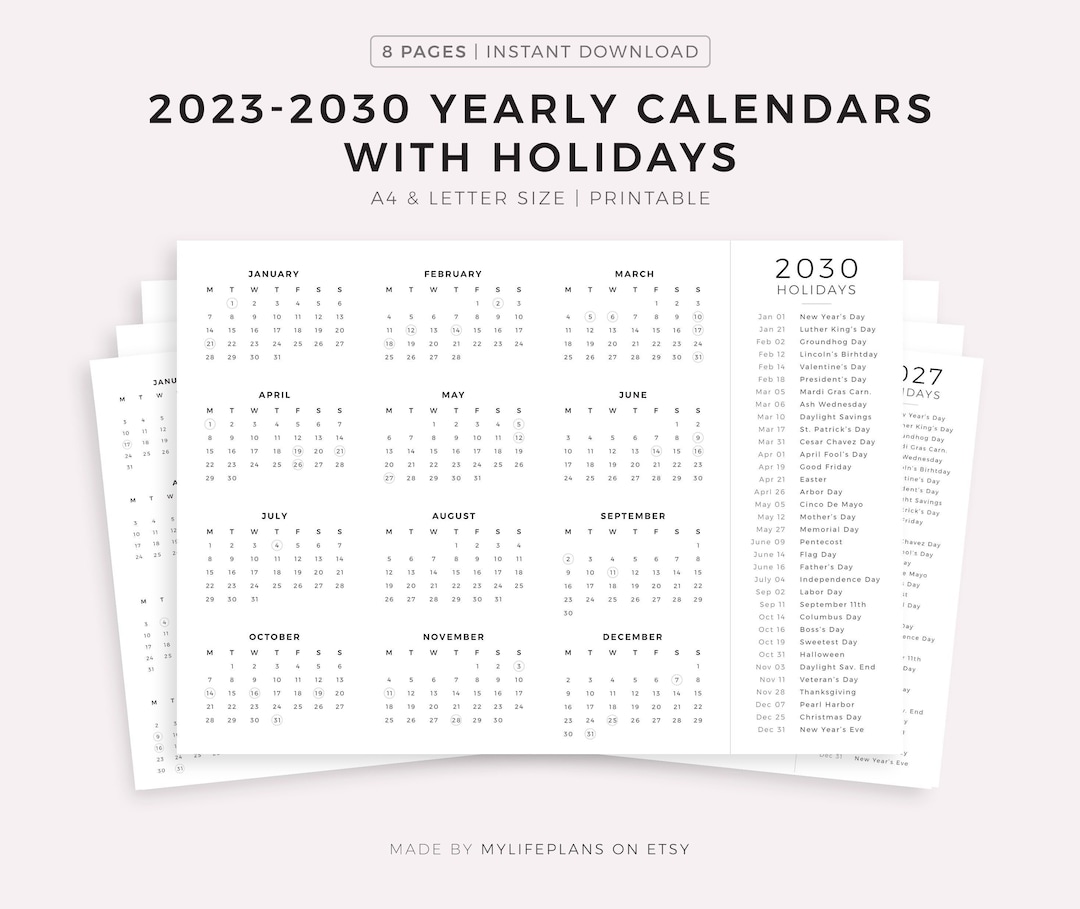 2023-2030 Year Calendars With Holidays on One Page, Printable ...