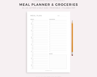 Weekly Meal Planner with Grocery List Printable Template, 7 Day Menu Plan, Food Planner, Household Planner, A4/A5/Letter/Half
