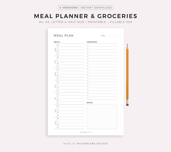 Weekly Meal Planner with Grocery List Printable Template, 7 Day Menu Plan, Food Planner, Household Planner, A4/A5/Letter/Half