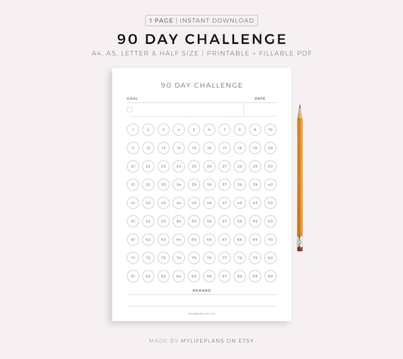 90 Day Challenge, Goal Setting, Progress Tracker, Habit Forming, A4/A5/Letter/Half, Printable & Fillable PDF, Horizontal, Instant Download