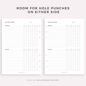 May include: Printable skincare routine planner with sections for morning and evening routines. The planner includes a daily checklist with boxes for each day of the week. The text "ROOM FOR HOLE PUNCHES ON EITHER SIDE" is at the top of the page. The text "MADE BY MYLIFEPLANS ON ETSY" is at the bottom of the page.