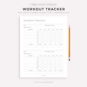 Könnte beinhalten: Ein weißer, ausdruckbarer Trainings-Tracker mit dem Text "WORKOUT TRACKER" und Abschnitten für Übungen, Cardio und die gesamte Trainingszeit. Ein gelber Bleistift liegt auf der rechten Seite der Seite. Der Text "1 PAGE | INSTANT DOWNLOAD" steht oben.