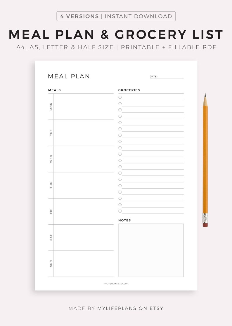 Weekly Meal Planner with Grocery List Printable Template, 7 Day Menu Plan, Food Planner, Health & Fitness, A4/A5/Letter/Half image 1