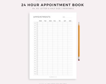 Agenda appuntamenti 24 ore stampabile, promemoria appuntamenti, monitoraggio riunioni, panoramica della settimana, formato A4/A5/Lettera/mezzo formato, download immediato in PDF