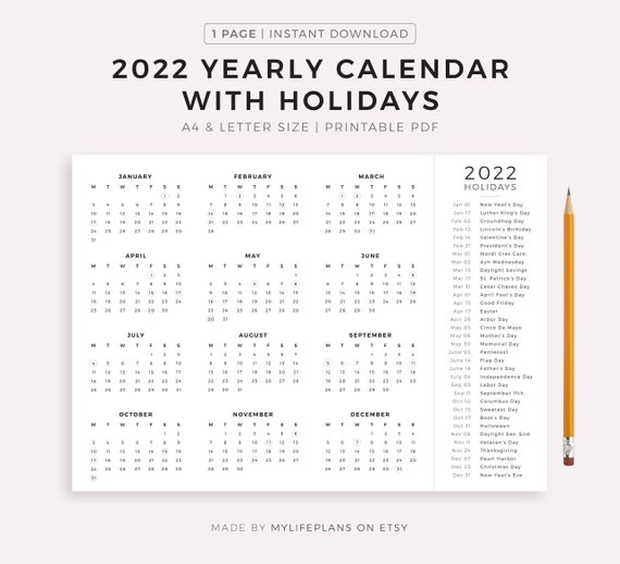 2022 year calendar with holidays on one page printable etsy
