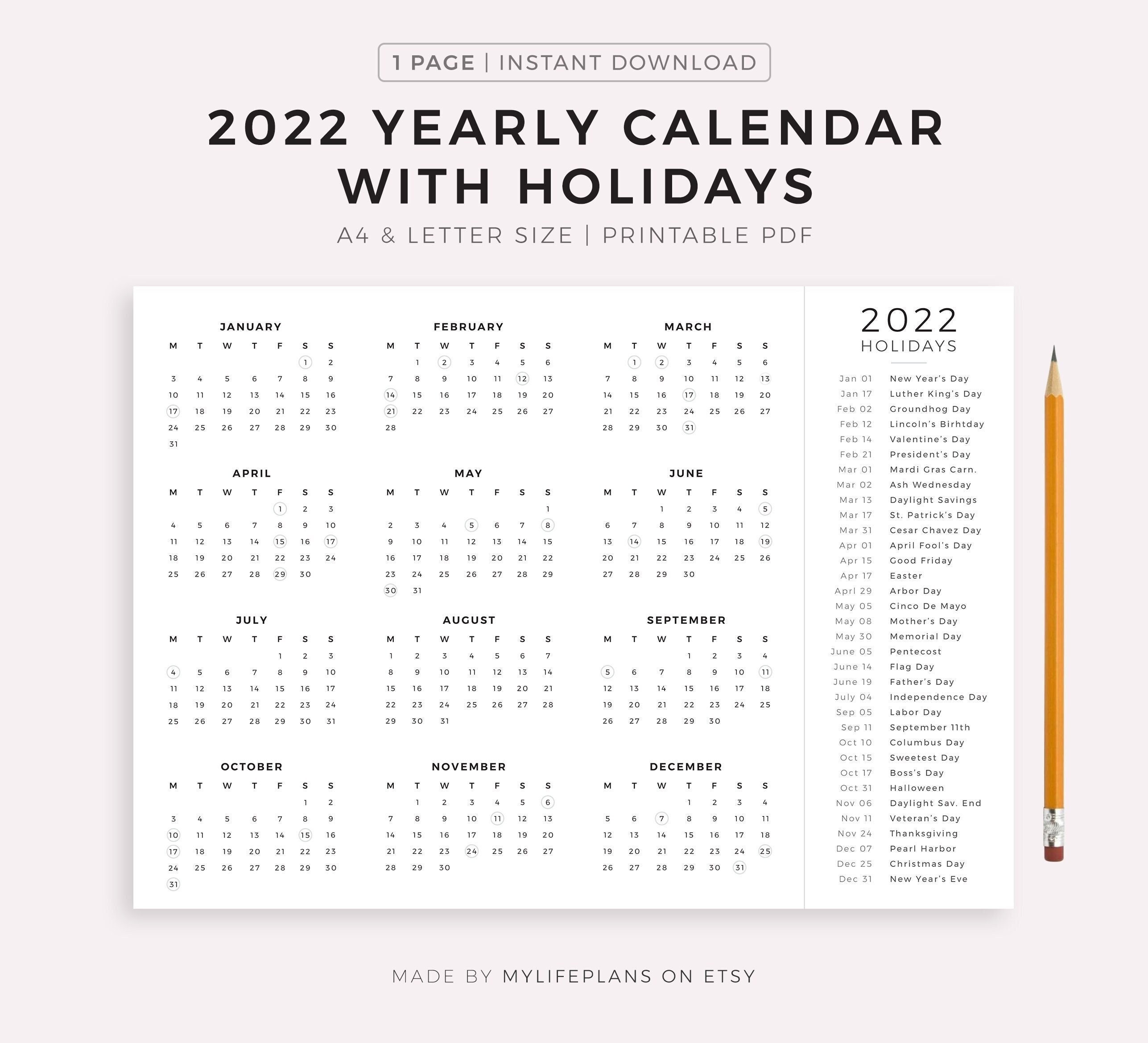 2022 year calendar with holidays on one page printable etsy